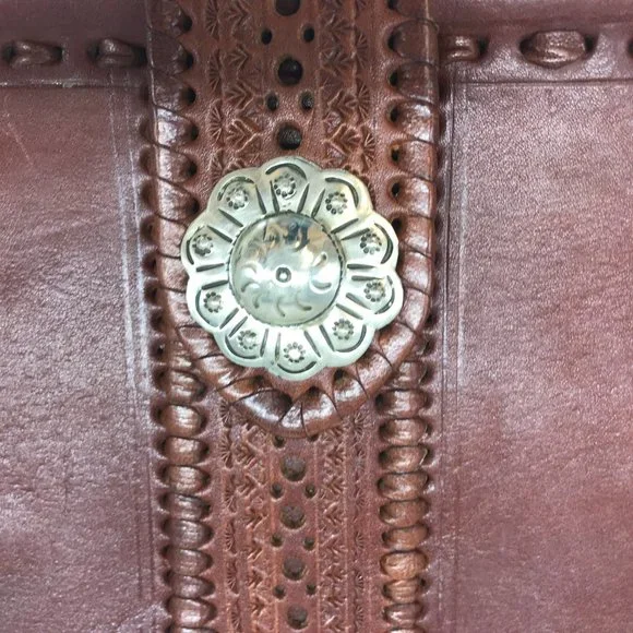 Brown Leather Southwestern Shoulder Bag Two Handle Concho Handmade Morocco - Picture 5 of 15